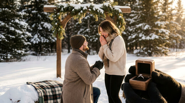 Man kneeling to propose to his girlfriend with an engagement ring in snowy forest