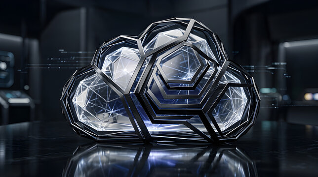 Abstract digital cloud computing icon with geometric wireframe structure on dark background