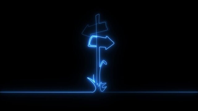 Glowing blue neon signpost animation drawing itself on a black background