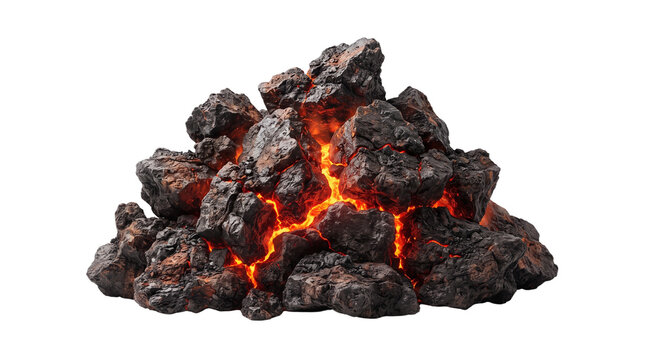 Glowing volcanic rock pile with molten lava cracks, burning charcoal embers for heating, textured black coal heap with fiery orange light isolated PNG with Transparent Background