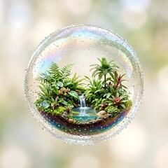 Obraz premium Miniature tropical rainforest terrarium with waterfall inside a transparent soap bubble glass sphere