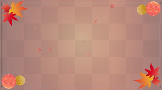 Japanese autumn maple leaves and traditional balls falling, swaying, and rotating seamlessly looping on a checkered pattern background