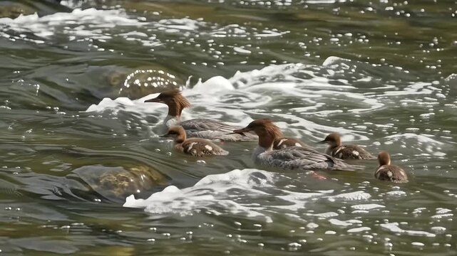 Common merganser family swimming in river rapids, female goosander with ducklings navigating fast flowing water, wild waterfowl birds in natural river current, aquatic wildlife in motion