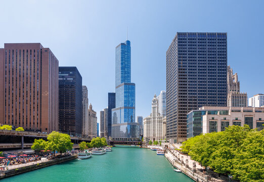 Vibrant sunny view of Chicago downtown skyline under a blue sky
