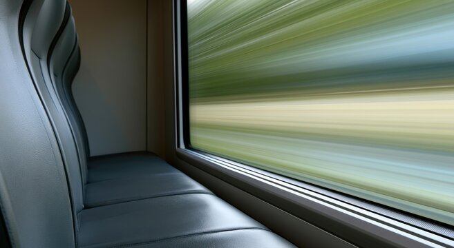 Empty interior of a train carriage with motion blurred scenery outside the window. Concept of travel.