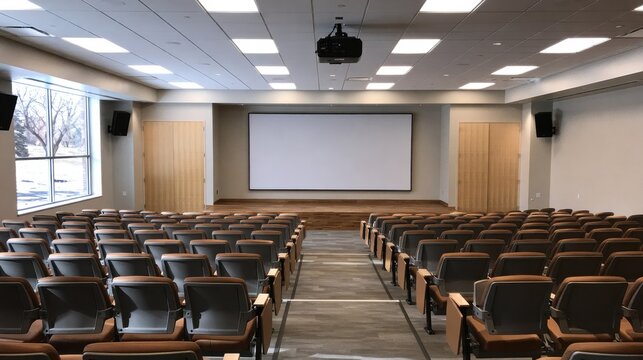Empty modern auditorium with rows of seats and large projection screen. Perfect for business presentations.