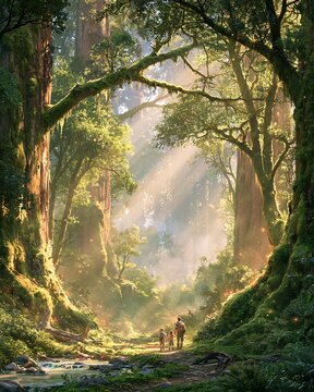 Tiny figures walking through an ancient giant forest with majestic sunbeams, outdoor adventure exploration and spiritual journey concept