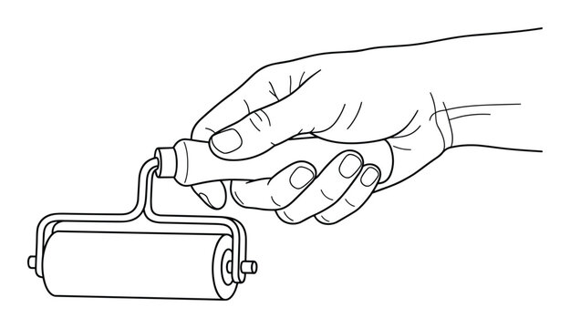 A hand holds a paint roller, for painting and renovation works.