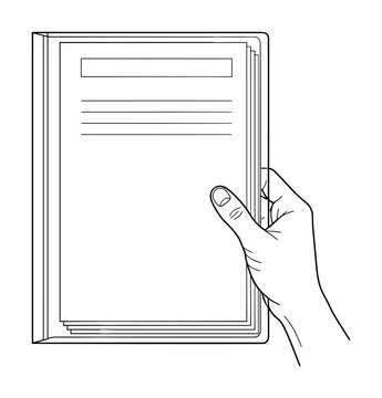 A hand holding documents, papers, files with text lines.