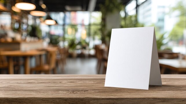 A blank white menu card on a rustic wooden table in a blurred cafe. Perfect for restaurant branding and.