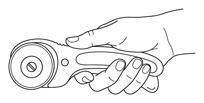 A hand holds a rotary cutter for quilting fabric and crafting.