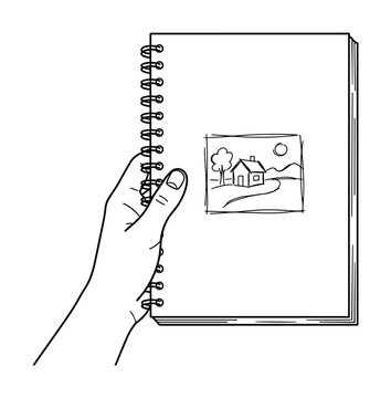 Monochrome hand holding spiral notebook with landscape sketch icon.