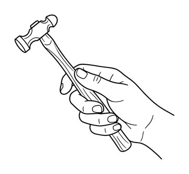 Sketched outline of human hand gripping vintage ball peen hammer.