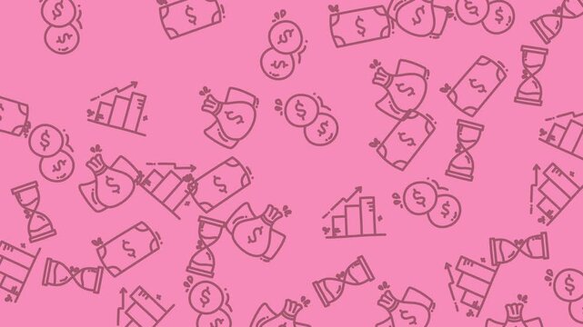 Pink financethemed pattern with dollar signs, money bags, charts, and hourglass icons. Suitable for financial, business, or investment concepts.