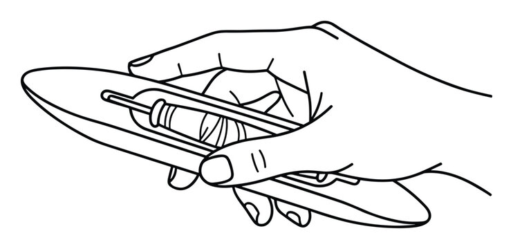 Minimalist hand holding black line art vintage sewing shuttle tool.