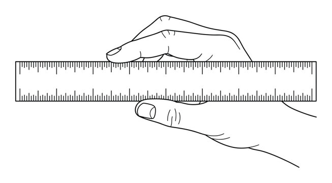 Minimalist hand holding black line art plastic measurement ruler.