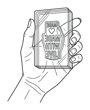 Hand holding made with love stamp outline icon for craft production.