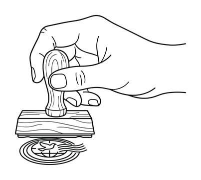 Rubber stamp held by hand outline icon for official document sealing.