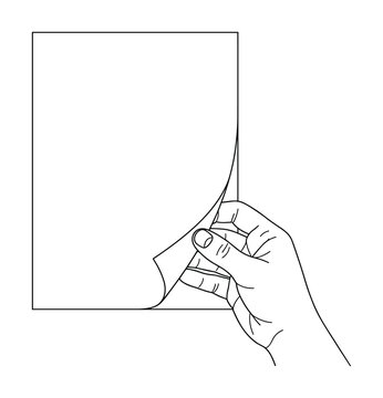 Fingers turning page of blank square paper sheet isolated view.