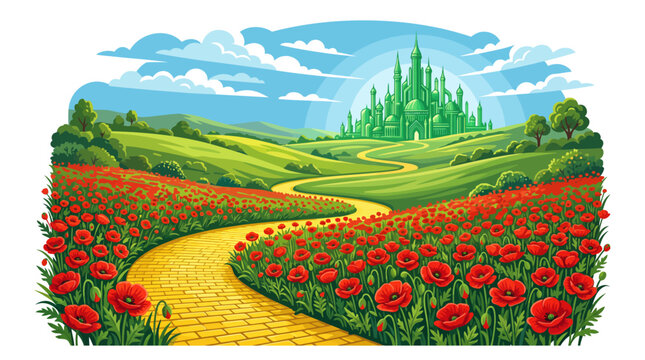 Very beautiful realistic vector illustration of a yellow brick road winding through a vibrant poppy field toward an emerald city, magical fantasy landscape, Label: "YELLOW BRICK ROAD &bull; EMERALD CITY", 