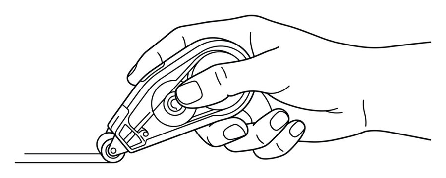 Correction tape roller held by hand in black line art illustration.
