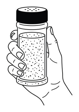 Spice shaker bottle held in hand outline vector graphic drawing.