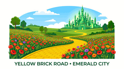 Obraz premium Very beautiful realistic vector illustration of a yellow brick road winding through a vibrant poppy field toward an emerald city, magical fantasy landscape, Label: 