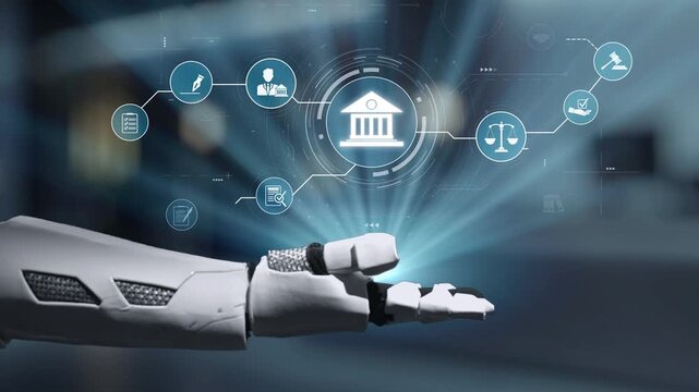 A robotic hand extends towards a float array of digital icons related to law and technology, symboliz the intersection of automation and modern legal processes in a high-tech environment. Salient