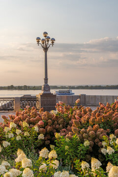 Beautiful riverside promenade with flowers at sunset