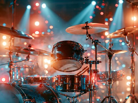 Professional drum kit on a concert stage with vibrant stage lights and cinematic smoke