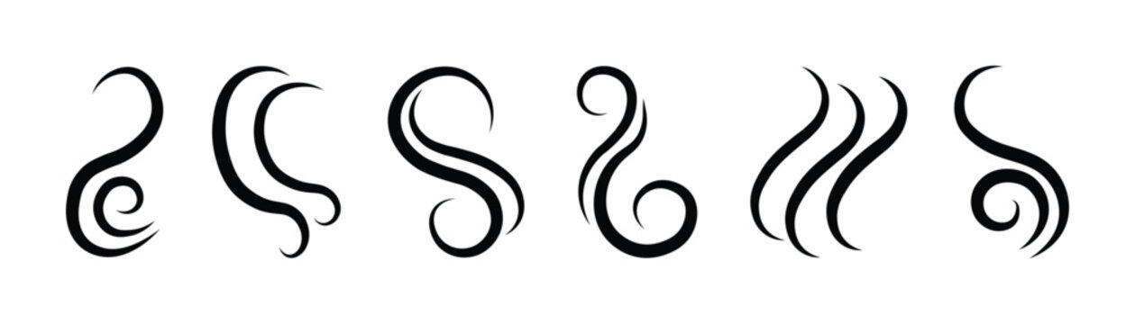 Smoke steam icon black vector logo set. Smoke smell, steam aroma heat icon. Smoke, steam, smog, smell symbols. Smoke steam symbol set on white background. Vector illustration. 