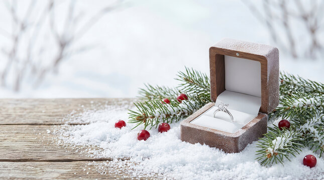 Diamond engagement ring in an open wooden box on a snowy rustic table with pine branches