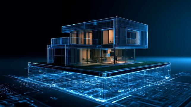 3D render of a modern house model floating over a glowing digital blueprint layer, real estate construction and architectural design concept.