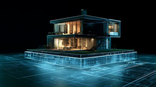 3D render of a modern house model floating over a glowing digital blueprint layer, real estate construction and architectural design concept.