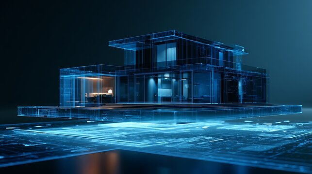 3D render of a modern house model floating over a glowing digital blueprint layer, real estate construction and architectural design concept.