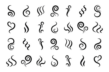Fototapeta premium Collection of stylized black smoke and steam icons . Smoke steam icon vector logo set. Smoke smell, steam aroma heat icon illustration. Hot vapor fire doodle. Smoke icon vector illustration set.