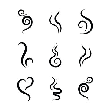 Steaming vapor smoke,  smell symbols. Heating pictograms, cooking steam warm aroma smells stinks mark, odor stench icons. Line stench smoke stream and boiling cloud icons, fume steam odor scent aroma.