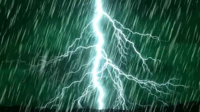 Intense lightning strike during heavy rainstorm at night, dramatic weather background, thunder electricity