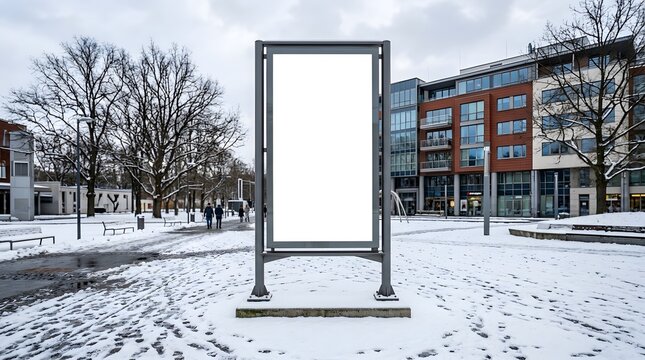 Winter cityscape with a blank billboard ready for advertising or promotional content