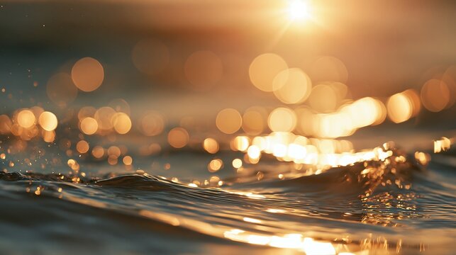 Cinematic macro close up of golden sunset light reflection with beautiful round bokeh on ocean water ripples