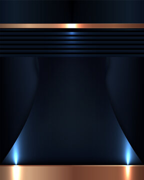 Luxury dark blue abstract background with metallic rose gold copper border layered geometric texture glowing blue light beam neon presentation banner template, corporate design