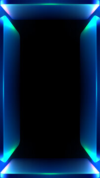 Futuristic Neon Frame Background with Glowing Cyan and Blue Light Borders Vertical 3D Portal Doorway Display Box, Sci Fi Technology Showcase and Modern Template