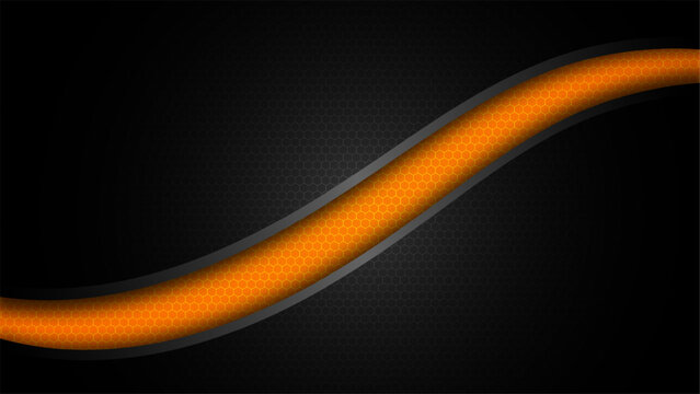 Abstract dark technology background with glowing orange honeycomb wave and sleek metallic gray border, futuristic digital design and banner layout
