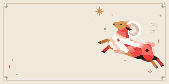2027 Lunar New Year Year of the Goat Banner with Flying Goat Illustration and Copy Space