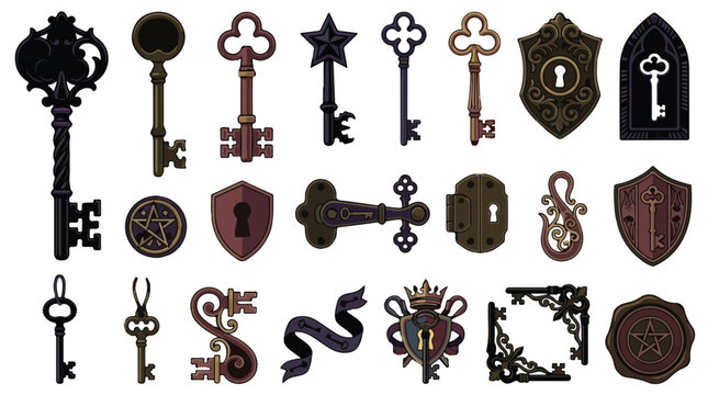 Vintage antique keys and ornate keyholes vector set, medieval gothic metal hardware collection, 21 decorative bronze and iron elements for fantasy gaming