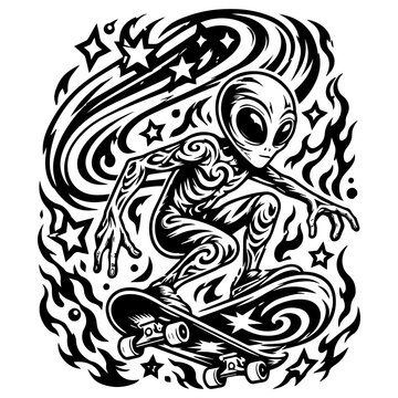 Cosmic Alien Skateboarder in Motion