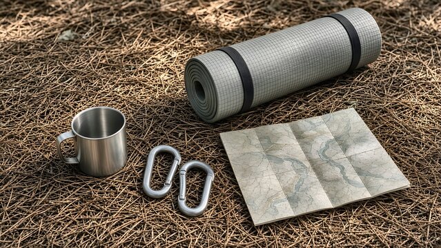 Camping and Hiking Equipment with Rolled Sleeping Mat Metal Mug Carabiners and Map on Pine Needle Ground