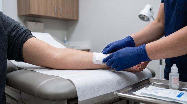 Nurse applying sterile adhesive bandage onto forearm of patient in medical clinic examination room
