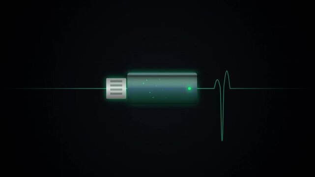 Abstract Digital Visualization of a USB Flash Drive with a Glowing Heartbeat EKG Pulse Line Representing Data Recovery Information Life Cycle and System Health Monitoring Concept
