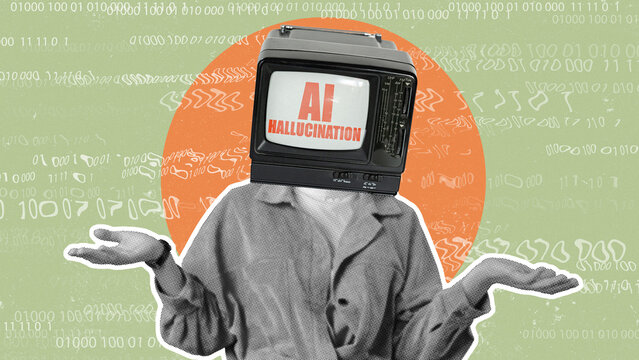 Discussion on fake news and AI hallucination takes place at a tech event in a modern conference hall with data visuals everywhere